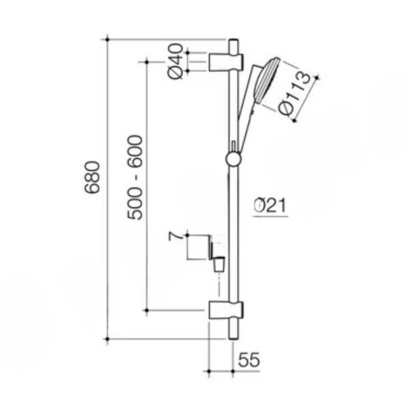 Technical drawing of a shower head with dimensions on a white background