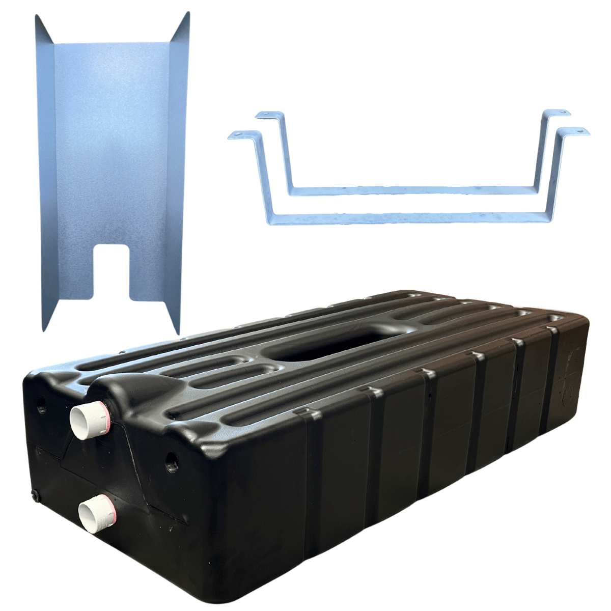 Black rectangular tank with white nozzles and blue schematic illustrations on a white background