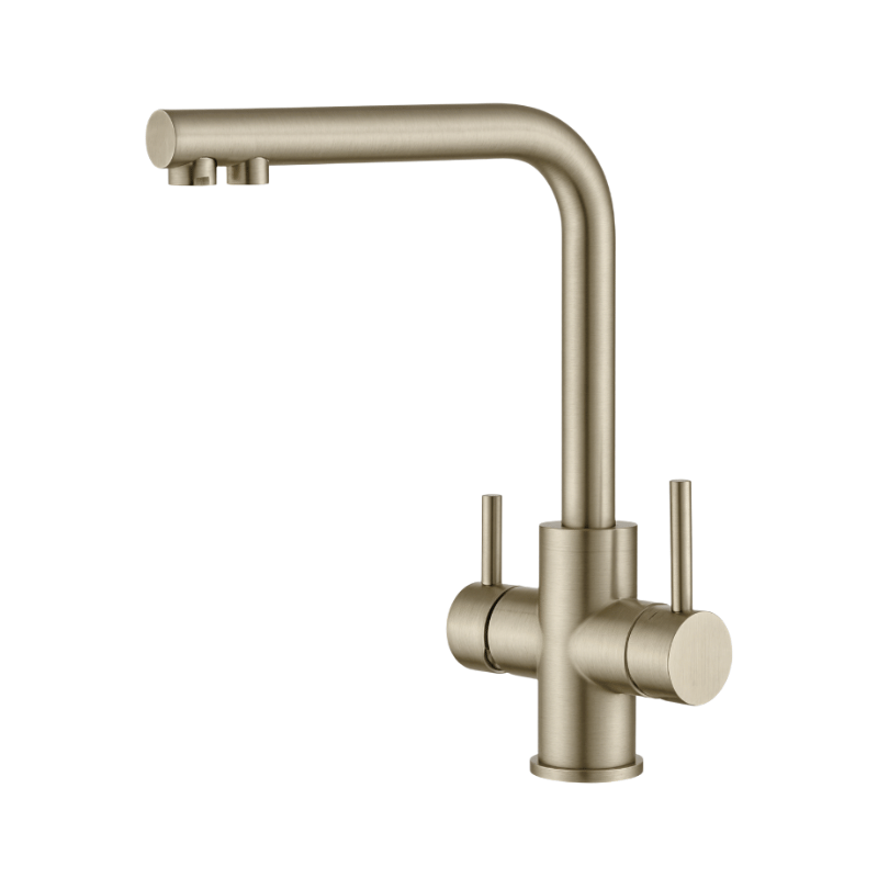 Modern kitchen faucet with a brushed gold finish on a white background