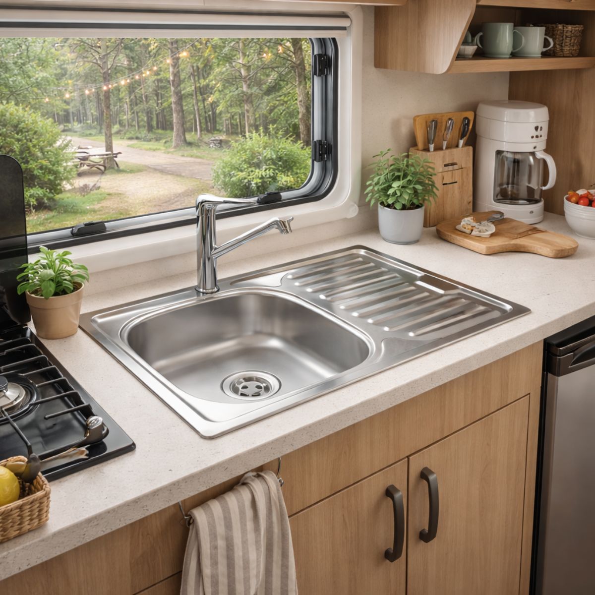 Modern kitchen with stainless steel sink, wooden cabinets, and a view of nature outside.