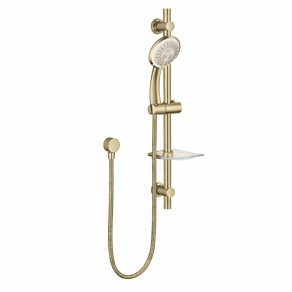 Gold shower head with handheld shower and hose on a white background