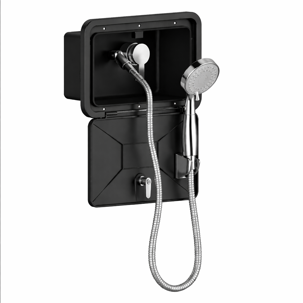 Wall-mounted shower system with black rectangular enclosure and shower head on a white background