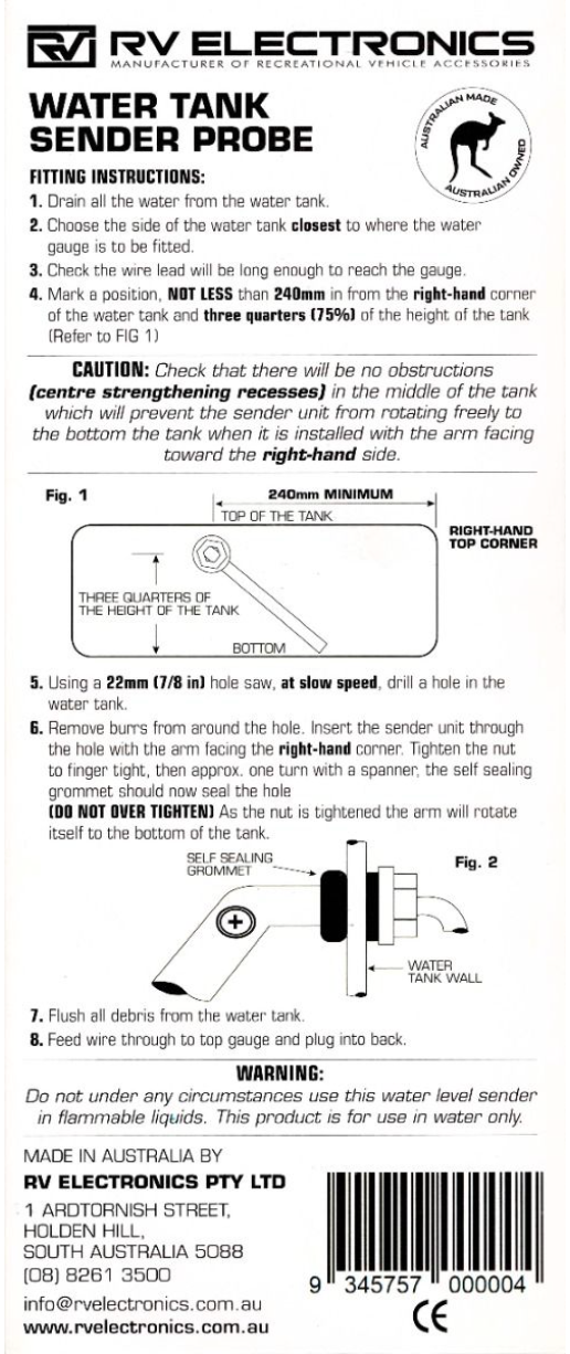 RV Electronics Water Tank Sender Probe 2.5m Lead