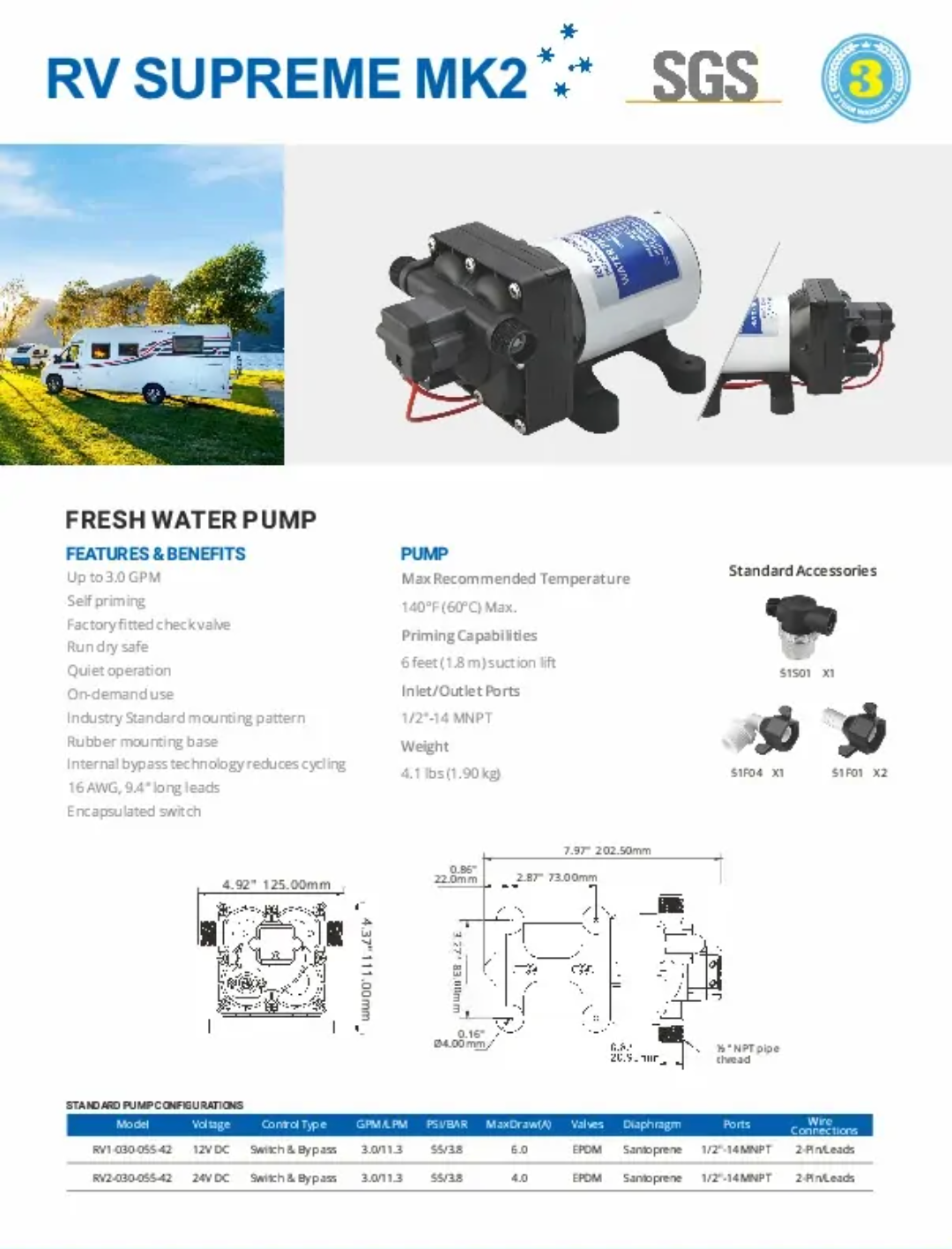 Seaflo Supreme MK2 11.3 lpm 55PSI Pressure Pump 12v Caravan Camper Camping RV