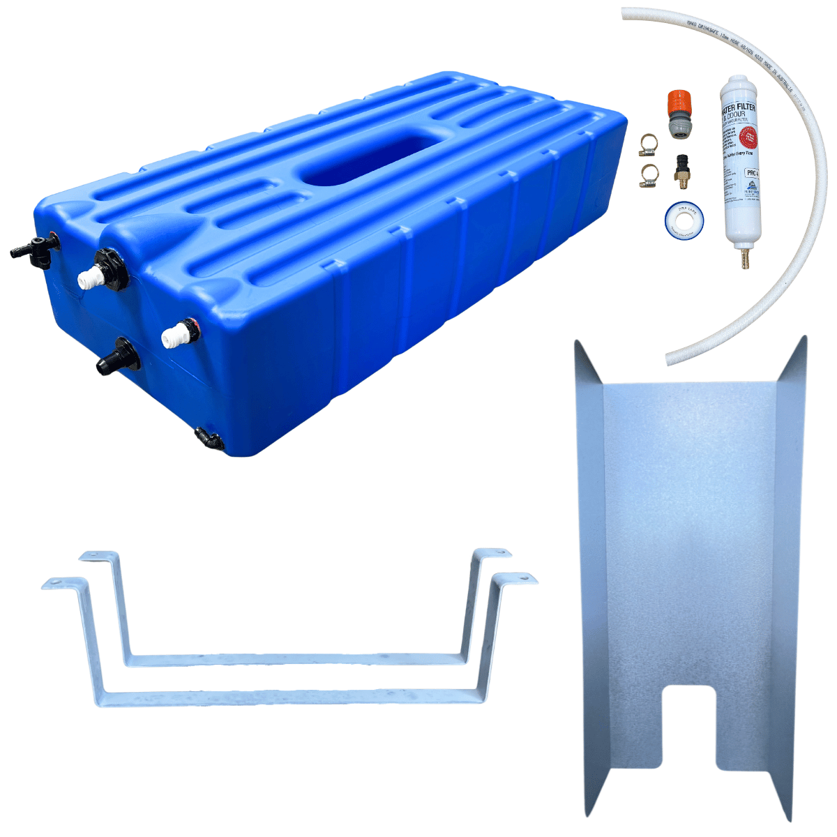 Blue water storage tank with accessories on a white background