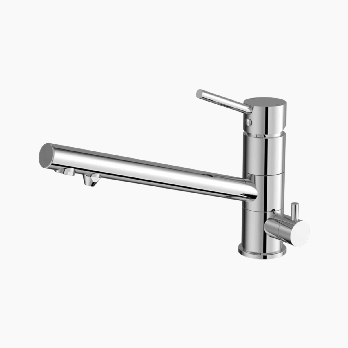 Chrome kitchen faucet on a white background