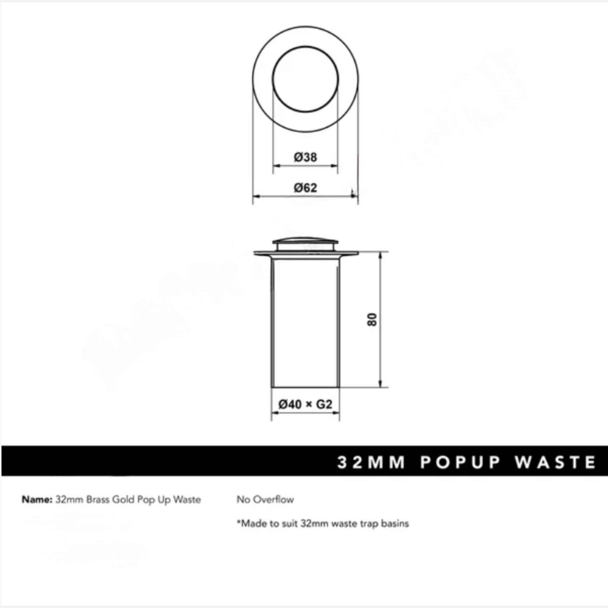Brushed Nickel Pop-Up Waste 40mm WITHOUT Overflow