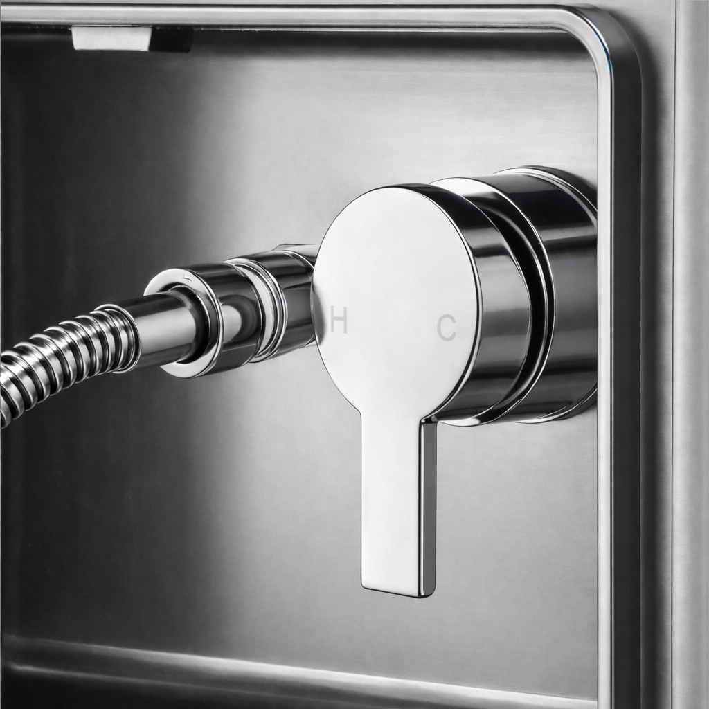 Chrome shower control valve with flexible hose on a metallic background