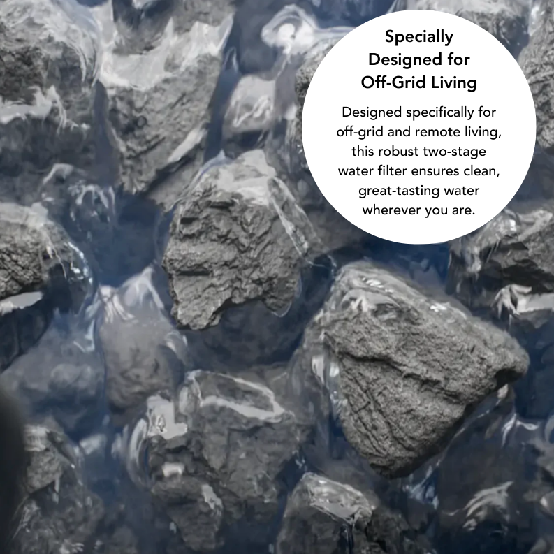Rocks with water flowing over them, featuring text about a water filter for off-grid living.