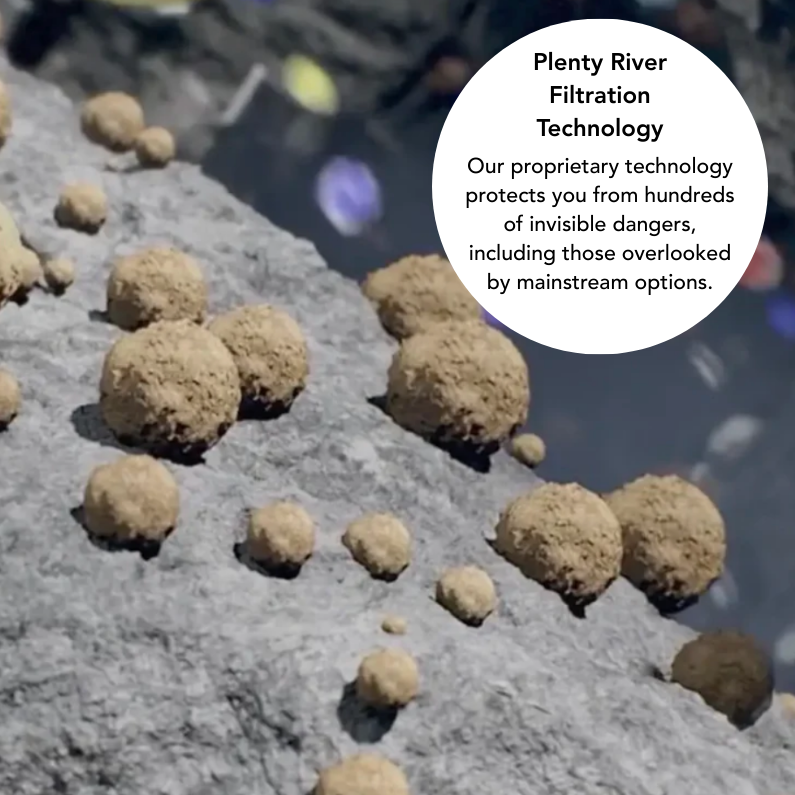 Close-up of filtration media with text about Plenty River Filtration Technology.