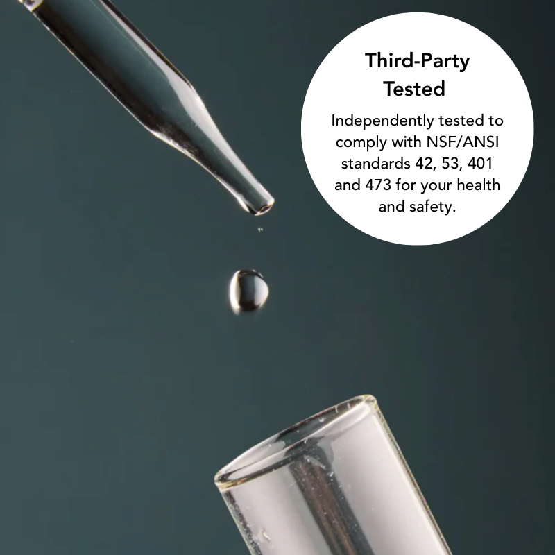 Dropper with a drop of liquid over a glass container on a dark background, with text about third-party testing.