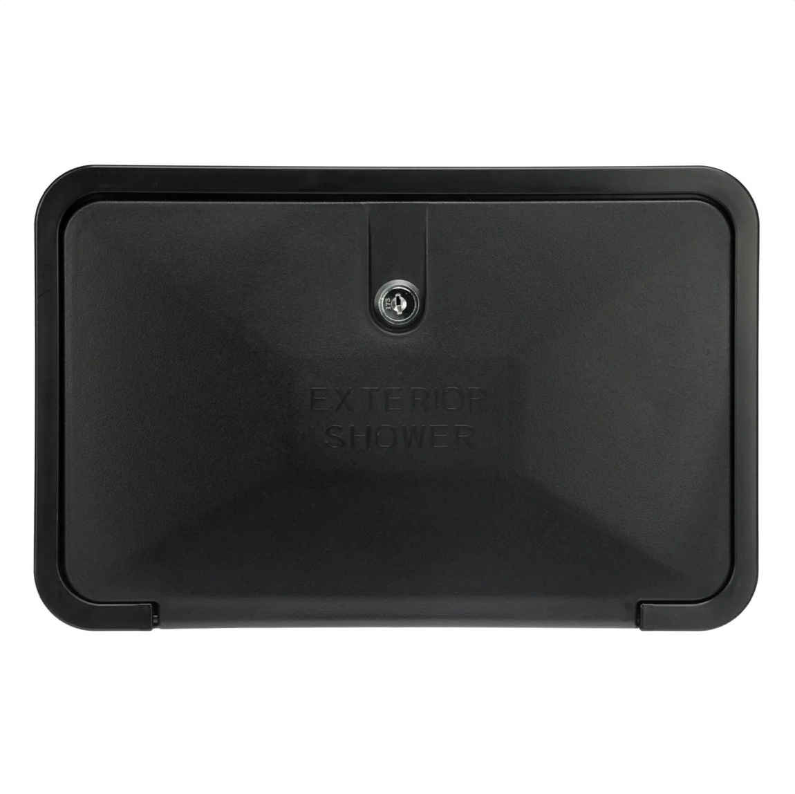 Black exterior shower cover with 'Exterior Shower' text on a white background