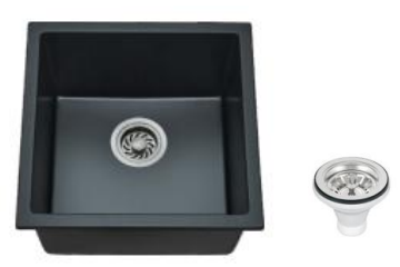 Black kitchen sink with drain and strainer on a white background