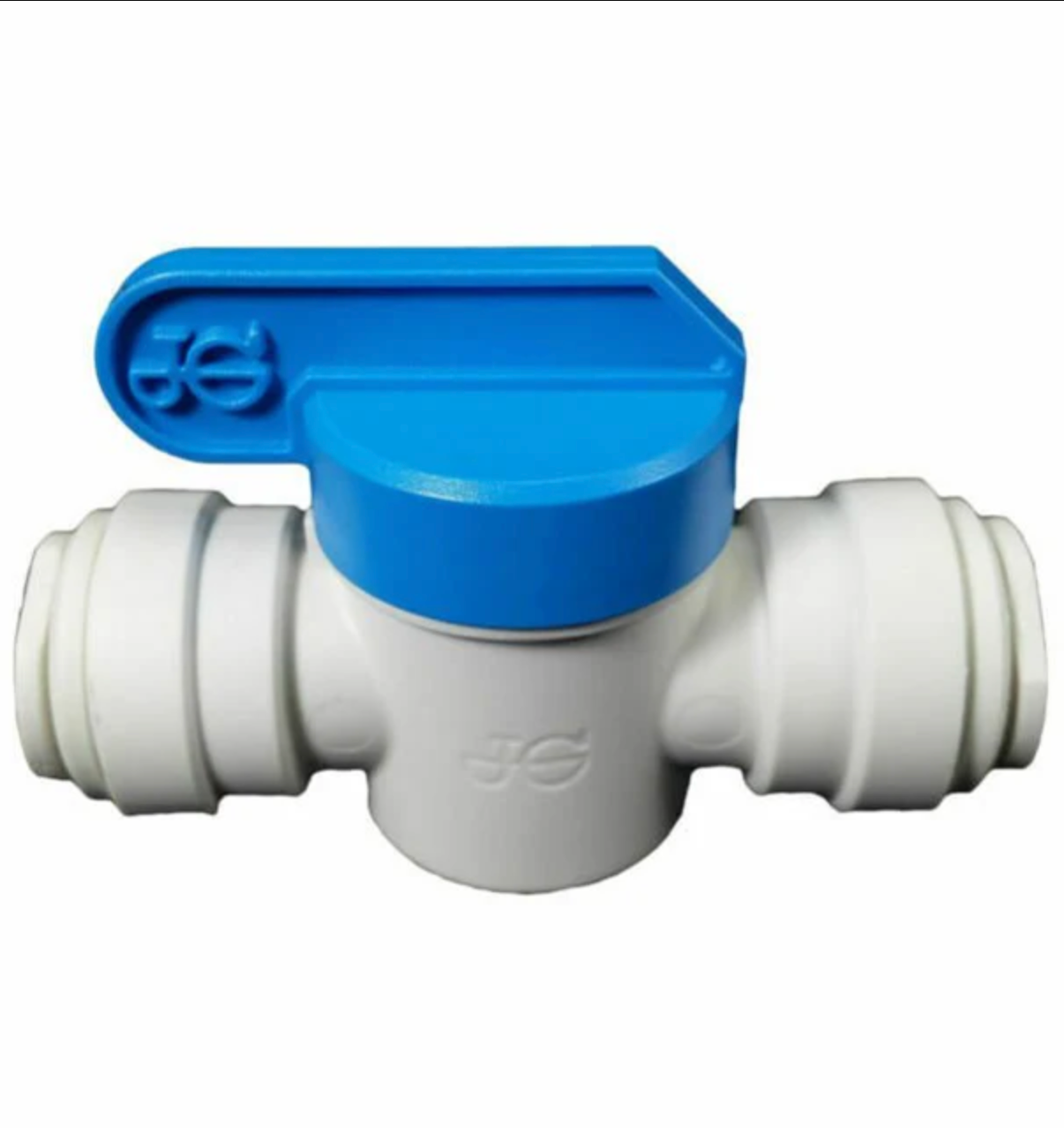 John Guest 12mm pushfit shut off valve PPMSV041212W – blue handle, WaterMark approved fitting for caravans and RV plumbing.